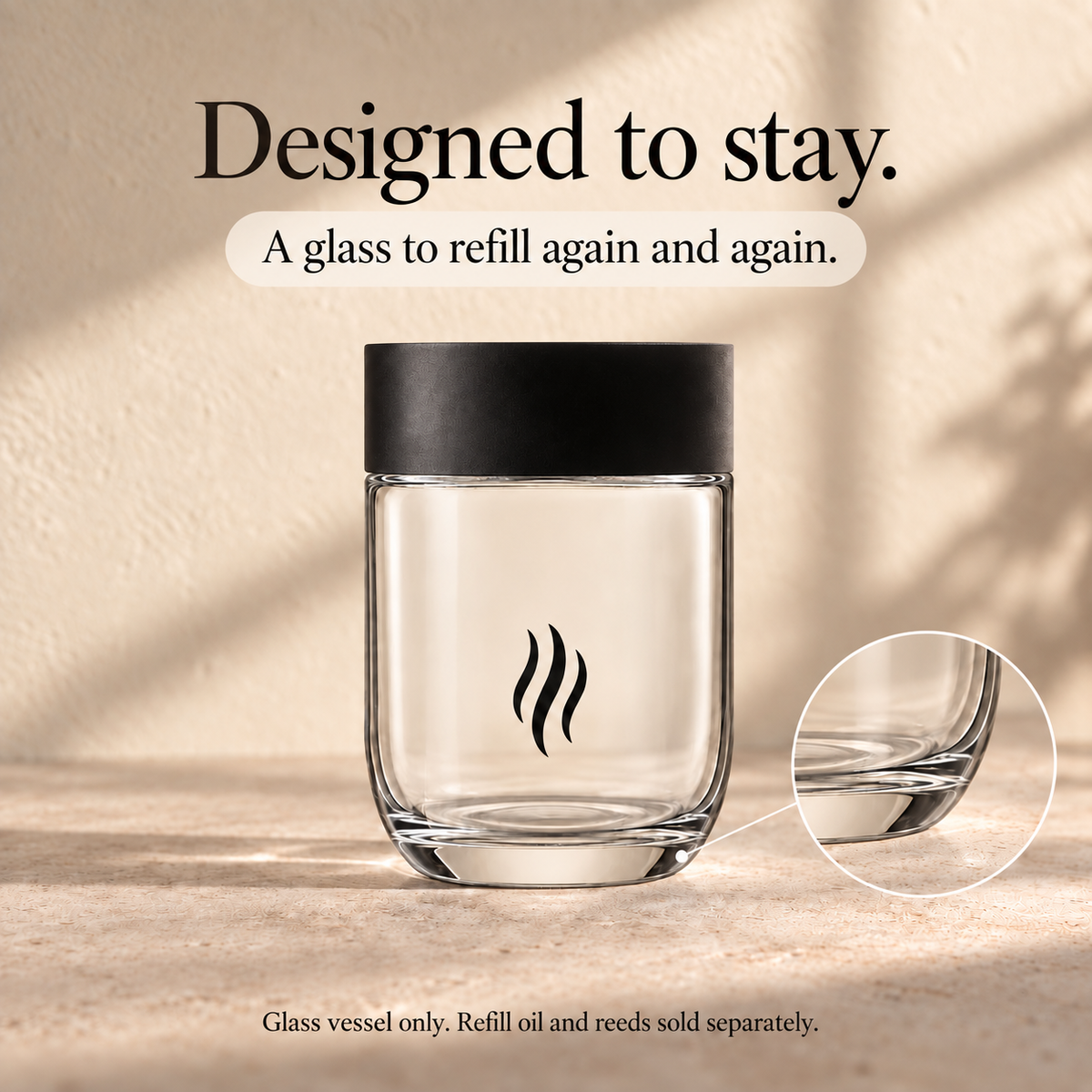 Reusable SKS diffuser glass close-up of rounded base, matte black lid and black SKS flame
