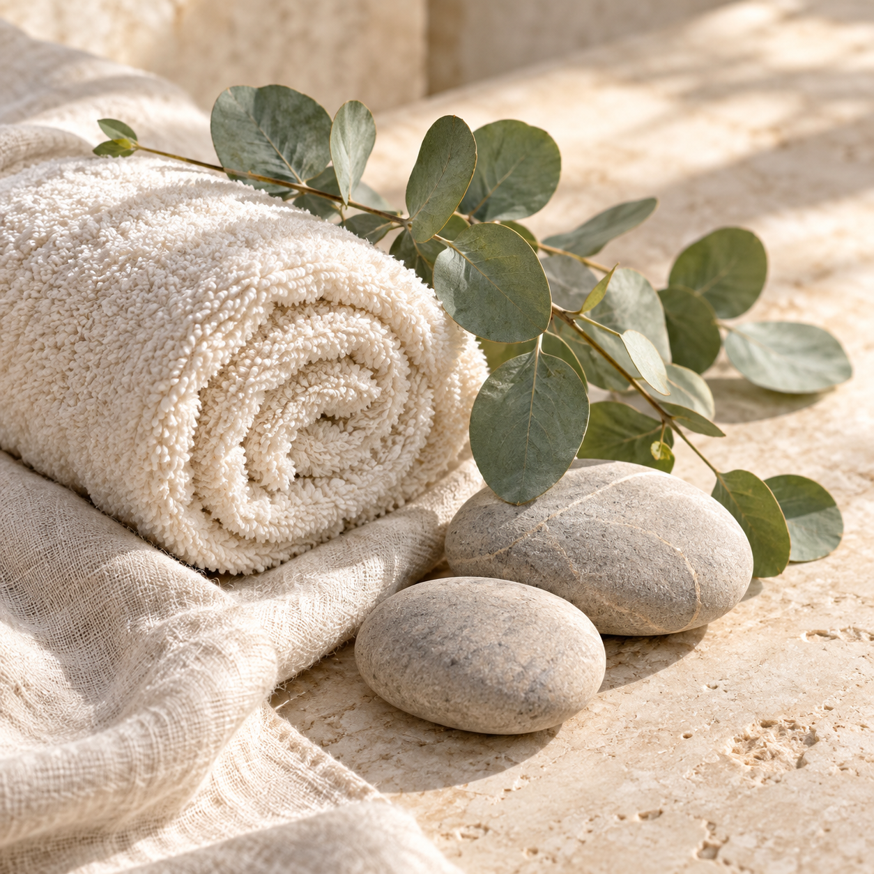 Rolled towel with eucalyptus and smooth stones for the Relaxing & Spa fragrance collection at Smith & Kennedy Scents