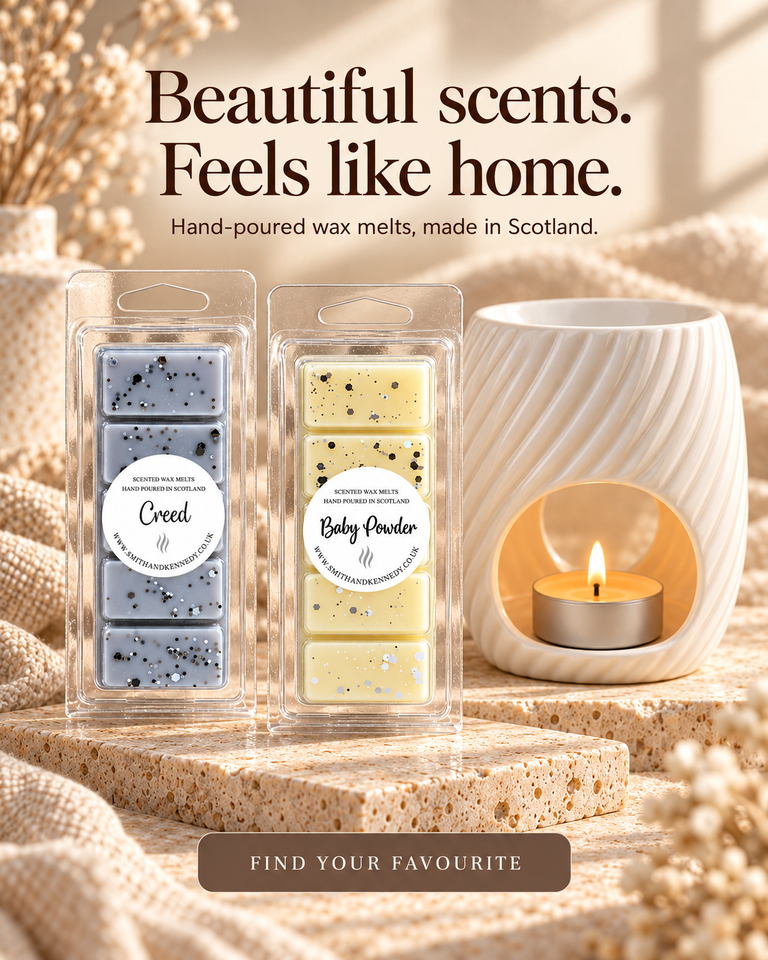 Creed and Baby Powder hand-poured wax melt snap bars with a White Wave burner, made by Smith & Kennedy Scents in Scotland.