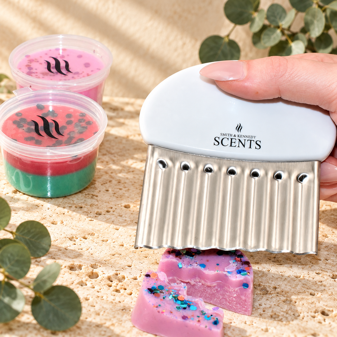 Smith &amp; Kennedy Scents wax melt cutter with white branded handle and silver crinkle blade, held above cut pink wax.