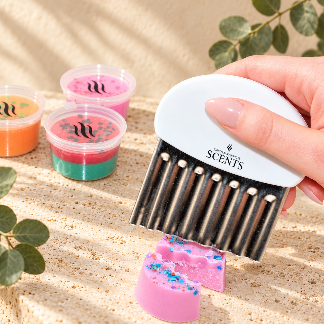 Smith &amp; Kennedy Scents wax melt cutter held above pink wax pieces, showing its wave-cut blade.