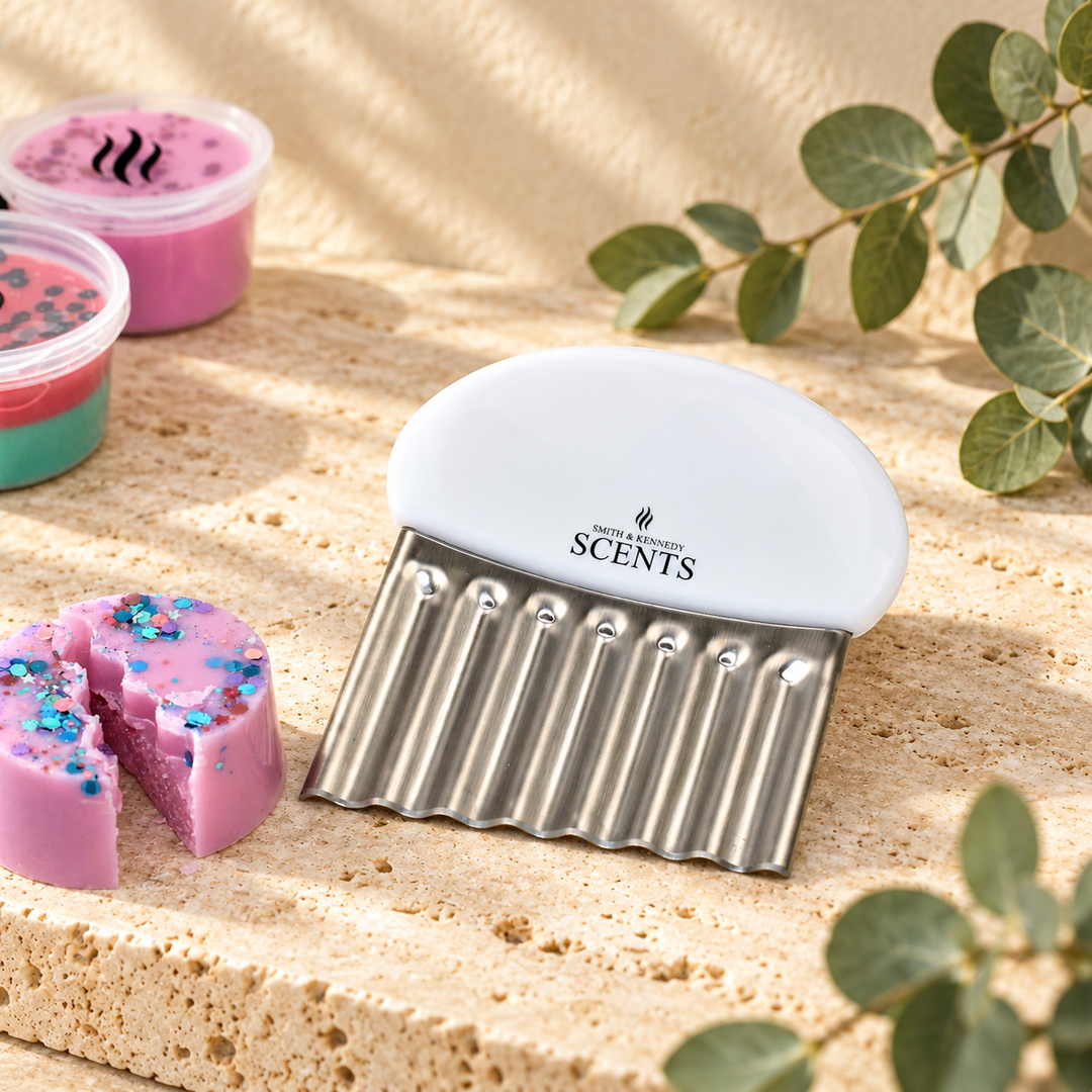 Smith &amp; Kennedy Scents wax melt cutter beside a portioned pink glitter wax pod.