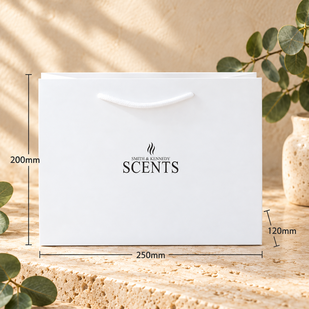 Smith &amp; Kennedy Scents white gift bag with rope handles, measuring 250mm wide, 200mm high and 120mm deep.