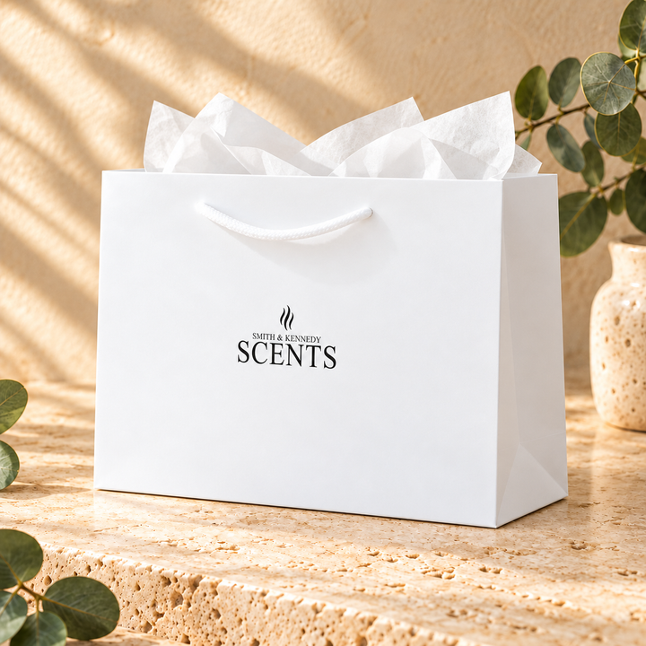 Smith &amp; Kennedy Scents white gift bag with rope handles, styled with white tissue paper, showing the front branding and side gusset.