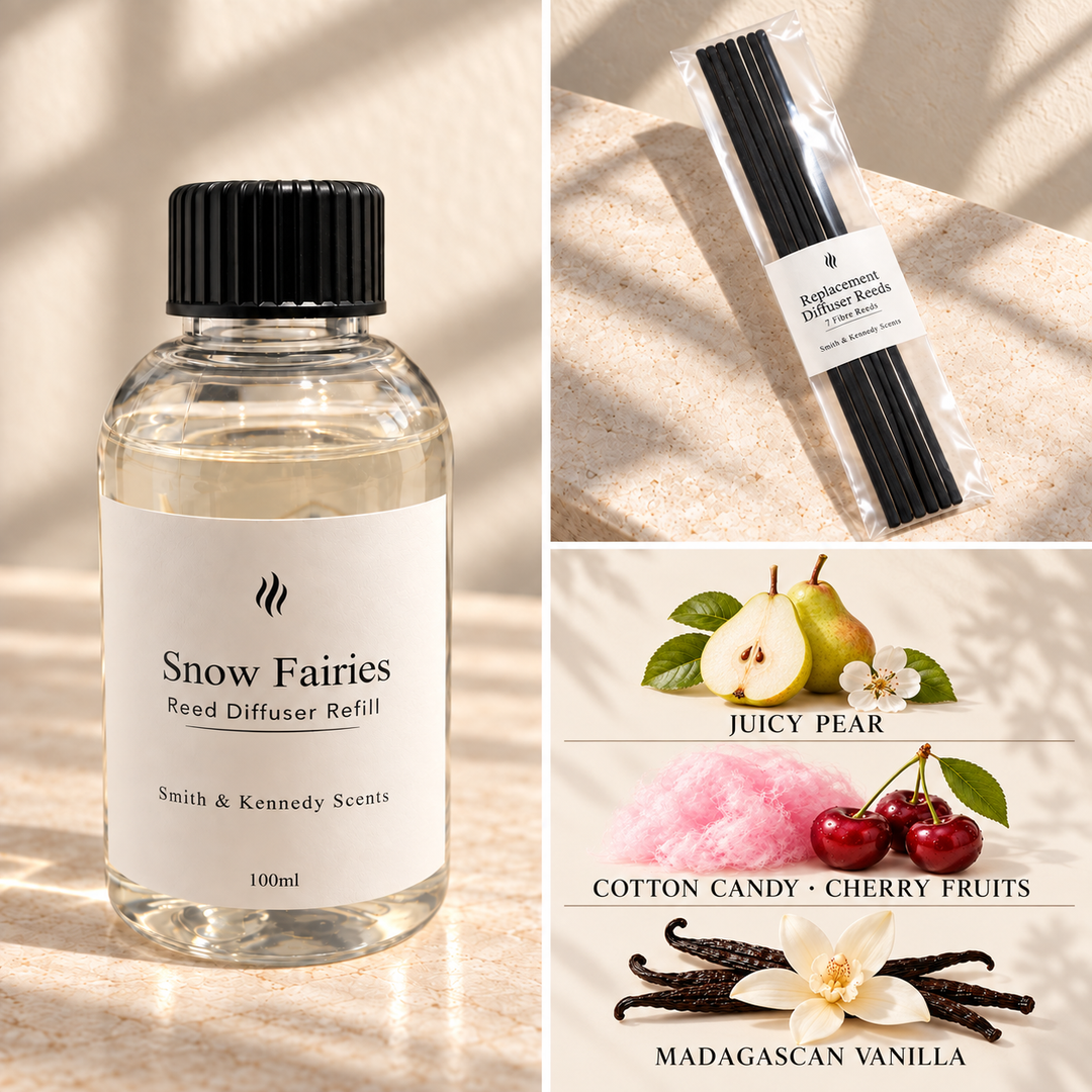 Snow Fairies 100ml reed diffuser refill bottle, included pack of 7 fibre reeds and fragrance notes