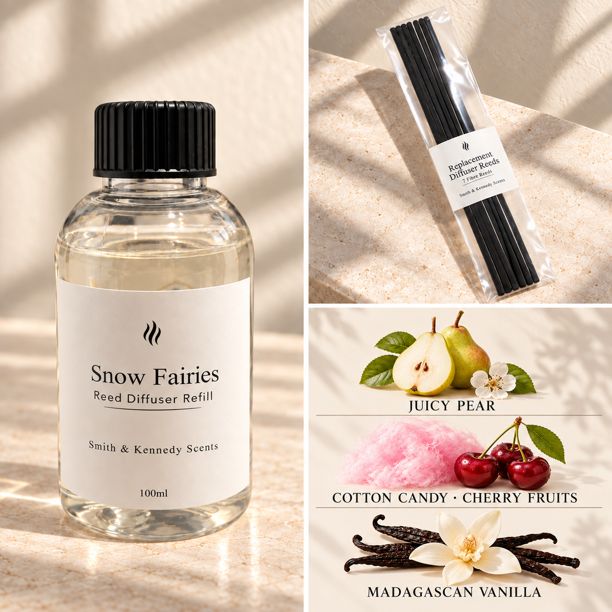 Snow Fairies 100ml reed diffuser refill bottle, included pack of 7 fibre reeds and fragrance notes