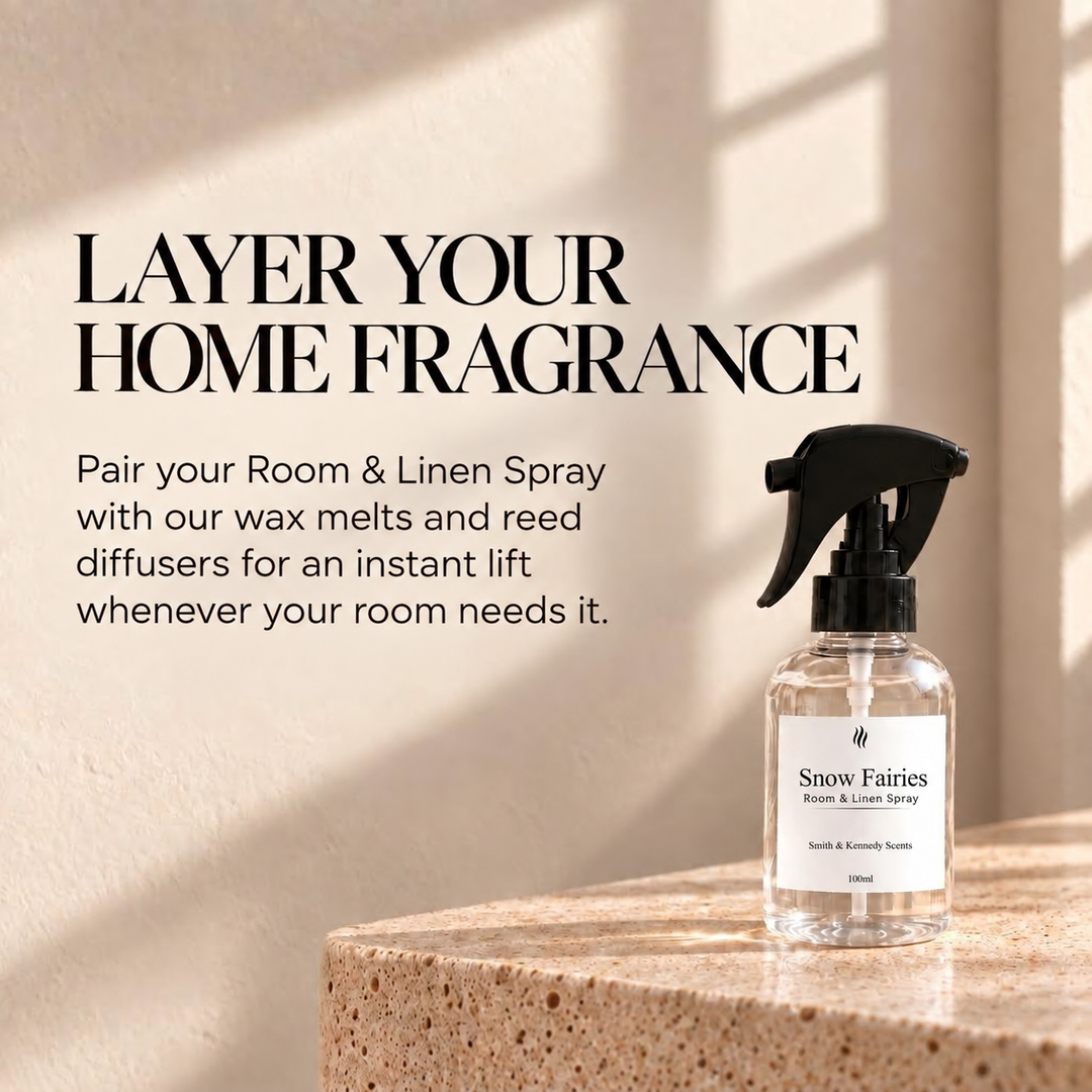 Layer your home fragrance with Snow Fairies Room &amp; Linen Spray, wax melts and reed diffusers