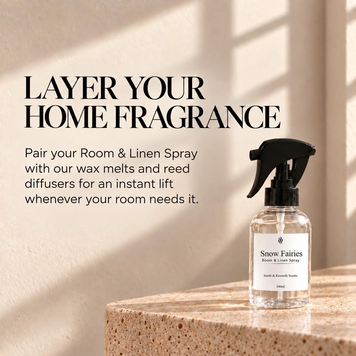 Layer your home fragrance with Snow Fairies Room &amp; Linen Spray, wax melts and reed diffusers