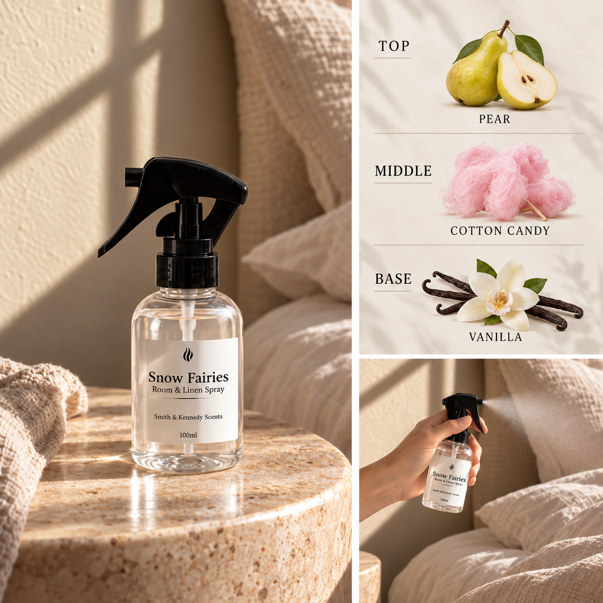 Snow Fairies Room & Linen Spray with pear, cotton candy and vanilla fragrance notes