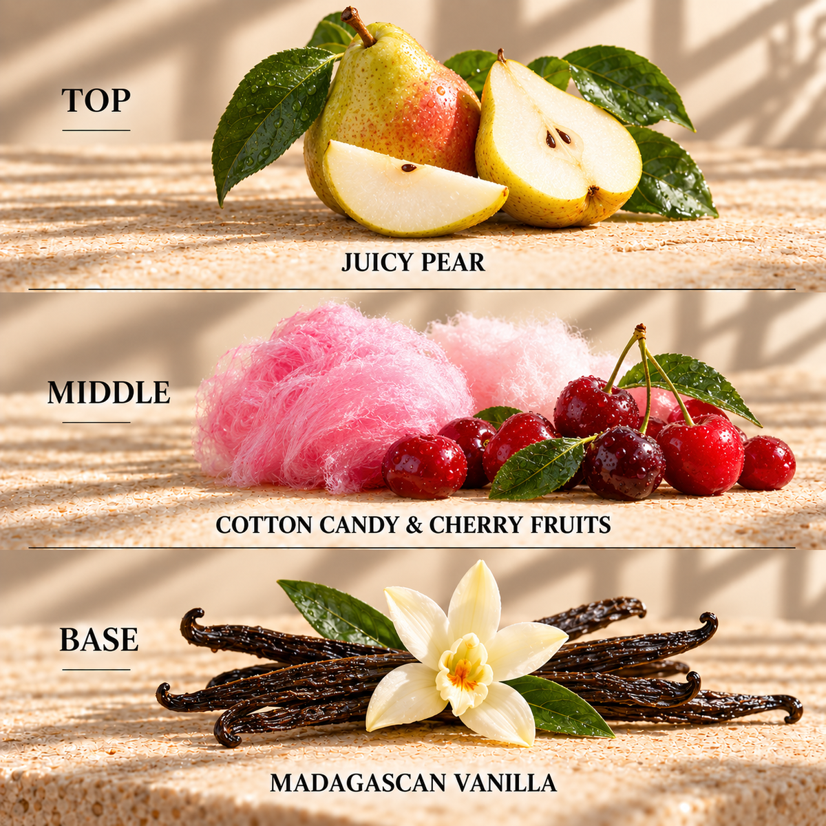 Top, middle and base scent notes for Snow Fairies sweet inspired wax melt by Smith & Kennedy Scents
