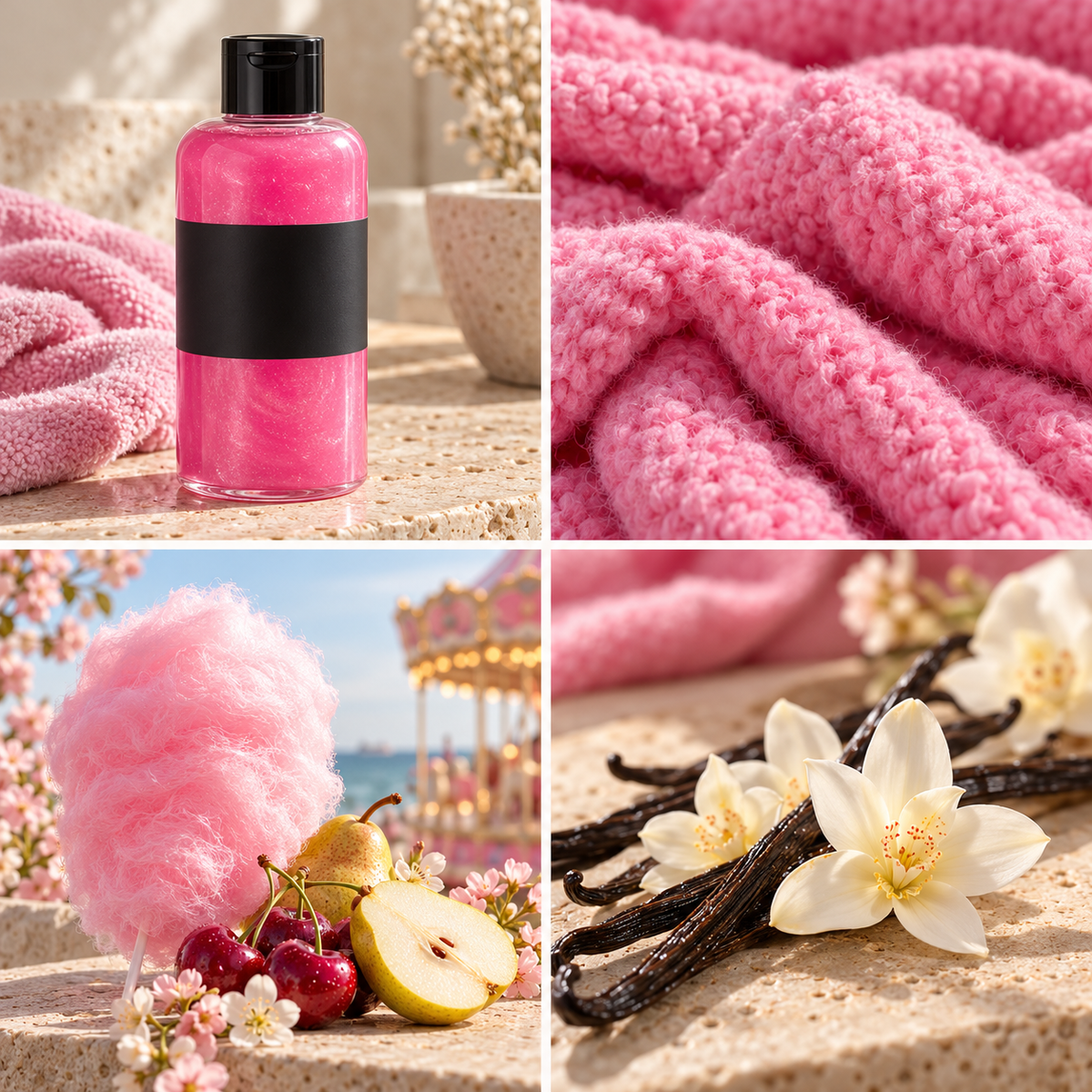 Snow Fairies wax melt mood board with a pink shower gel bottle, sweet pink details and soft fabrics.