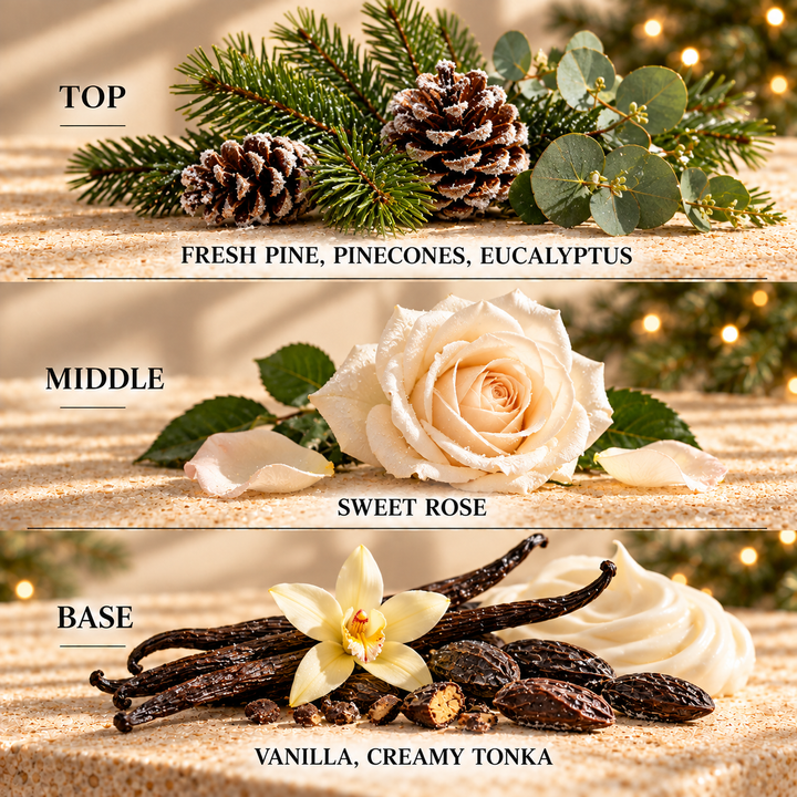 Snow Kissed Pinecones fragrance notes: top Fresh Pine, Pinecones, Eucalyptus; middle Sweet Rose; base Vanilla, Creamy Tonka