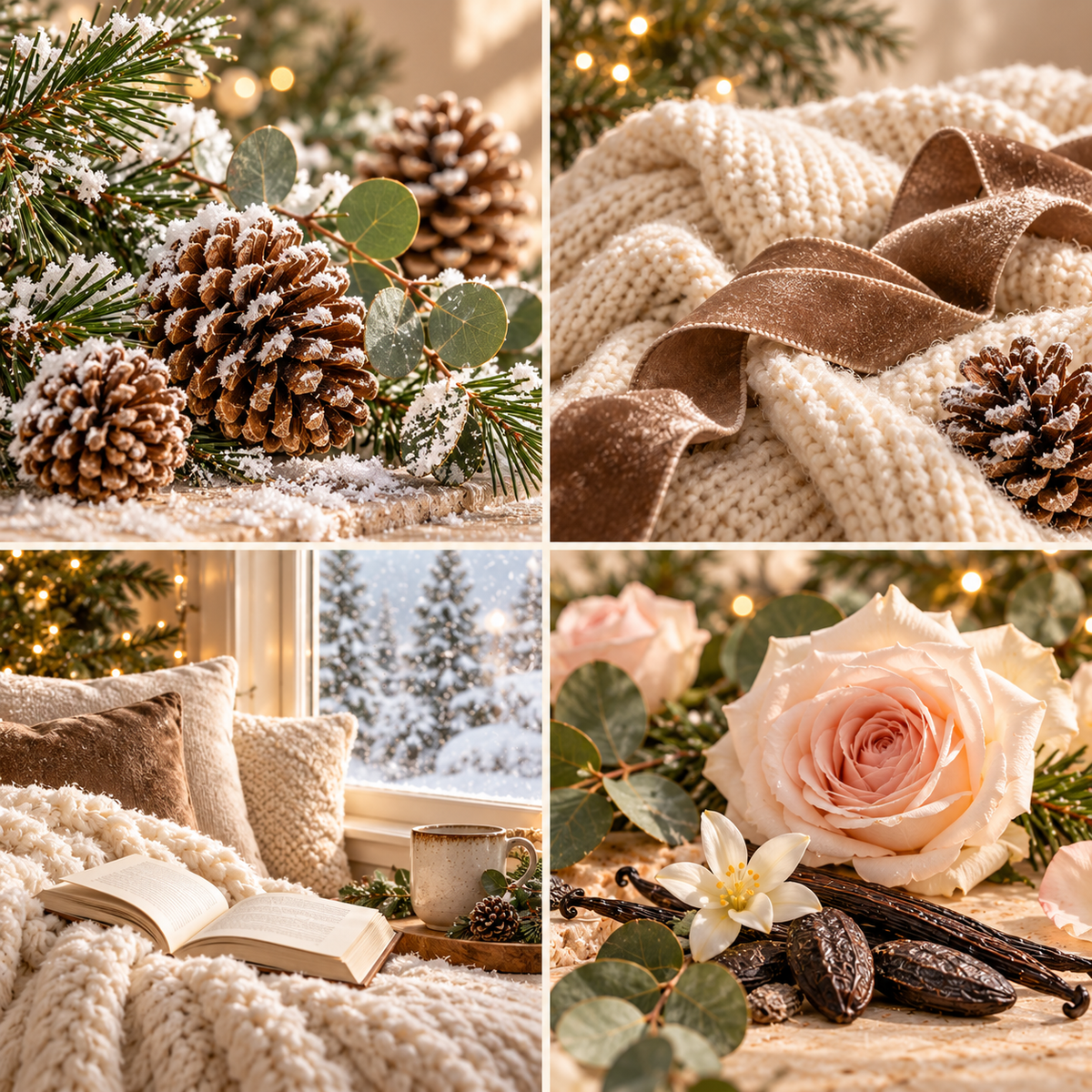 Snow Kissed Pinecones Christmas wax melt mood board with snow-dusted pinecones, ivory knitwear, brown ribbon and pale roses.