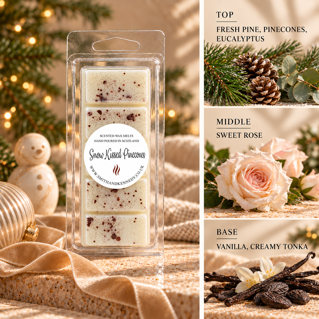 Snow Kissed Pinecones Christmas wax melt snap bar by Smith &amp; Kennedy Scents with festive styling and fragrance notes