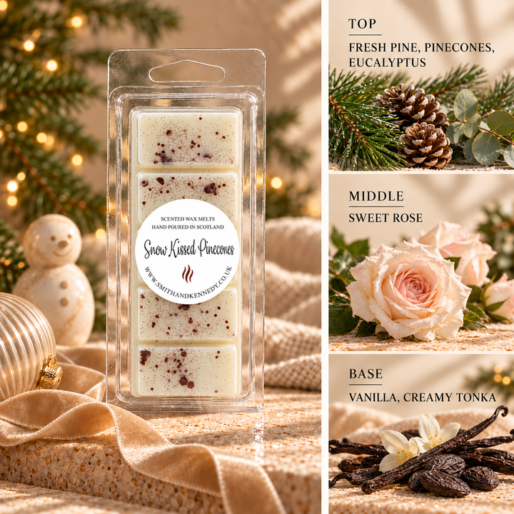 Snow Kissed Pinecones Christmas wax melt snap bar by Smith &amp; Kennedy Scents with festive styling and fragrance notes