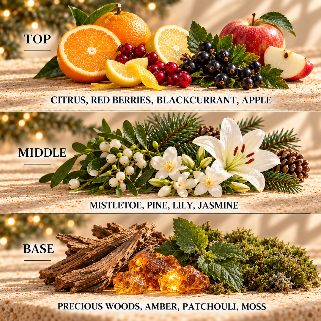 Snowberry &amp; Mistletoe fragrance notes: top Citrus, Red Berries, Blackcurrant, Apple; middle Mistletoe, Pine, Lily, Jasmine; base Precious Woods, Amber, Patchouli, Moss