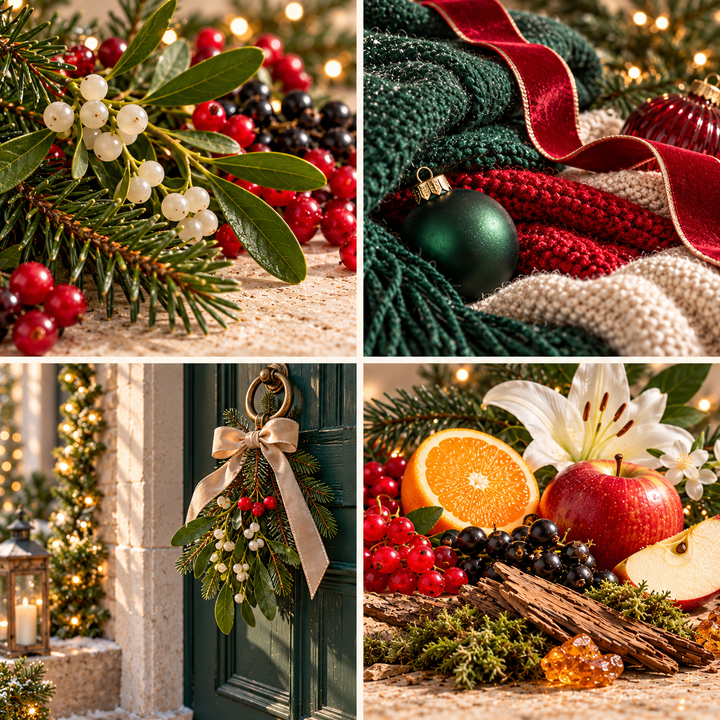 Snowberry &amp; Mistletoe Christmas wax melt mood board with mistletoe, pine, red berries, green and red knitwear and a festive doorway.