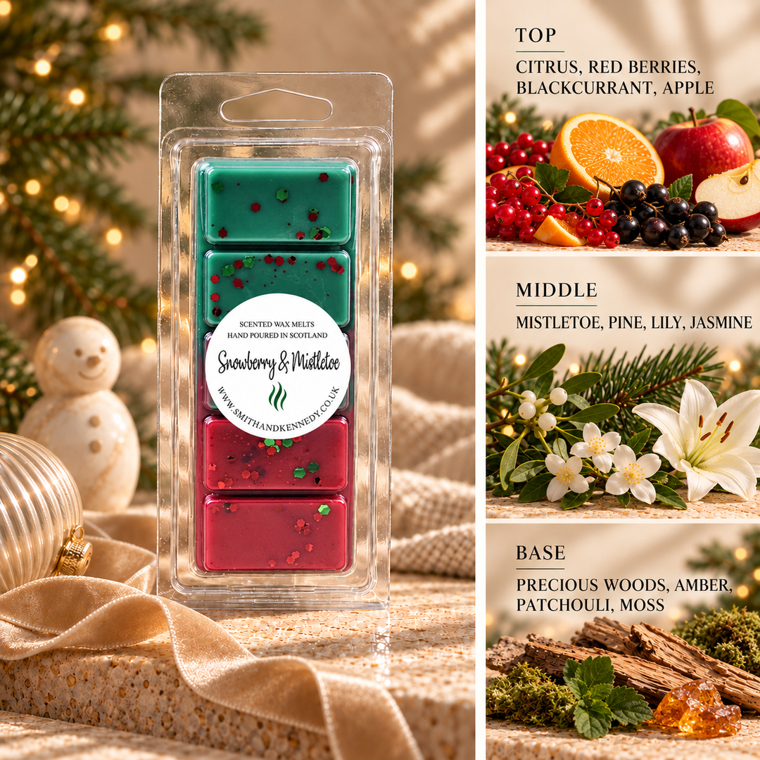 Snowberry &amp; Mistletoe Christmas wax melt snap bar by Smith &amp; Kennedy Scents with festive styling and fragrance notes