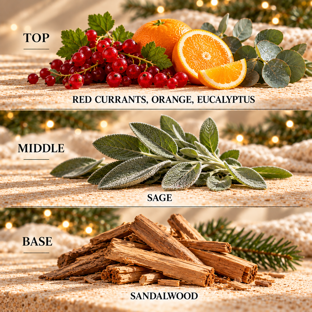 Snowy Evening fragrance notes: top Red Currants, Orange, Eucalyptus; middle Sage; base Sandalwood