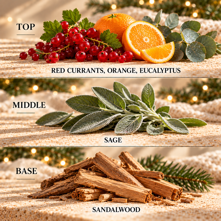 Snowy Evening fragrance notes: top Red Currants, Orange, Eucalyptus; middle Sage; base Sandalwood