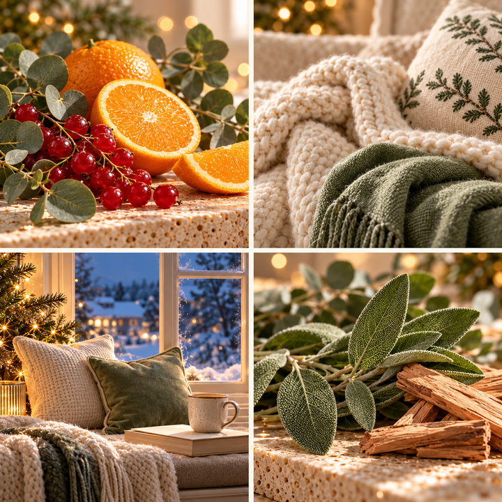 Snowy Evening Christmas wax melt mood board with redcurrants, orange, eucalyptus, sage and soft ivory knitwear.