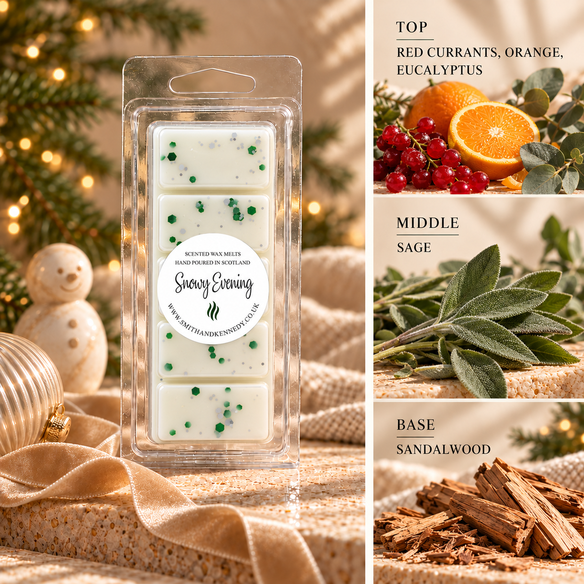 Snowy Evening Christmas wax melt snap bar by Smith & Kennedy Scents with festive styling and fragrance notes