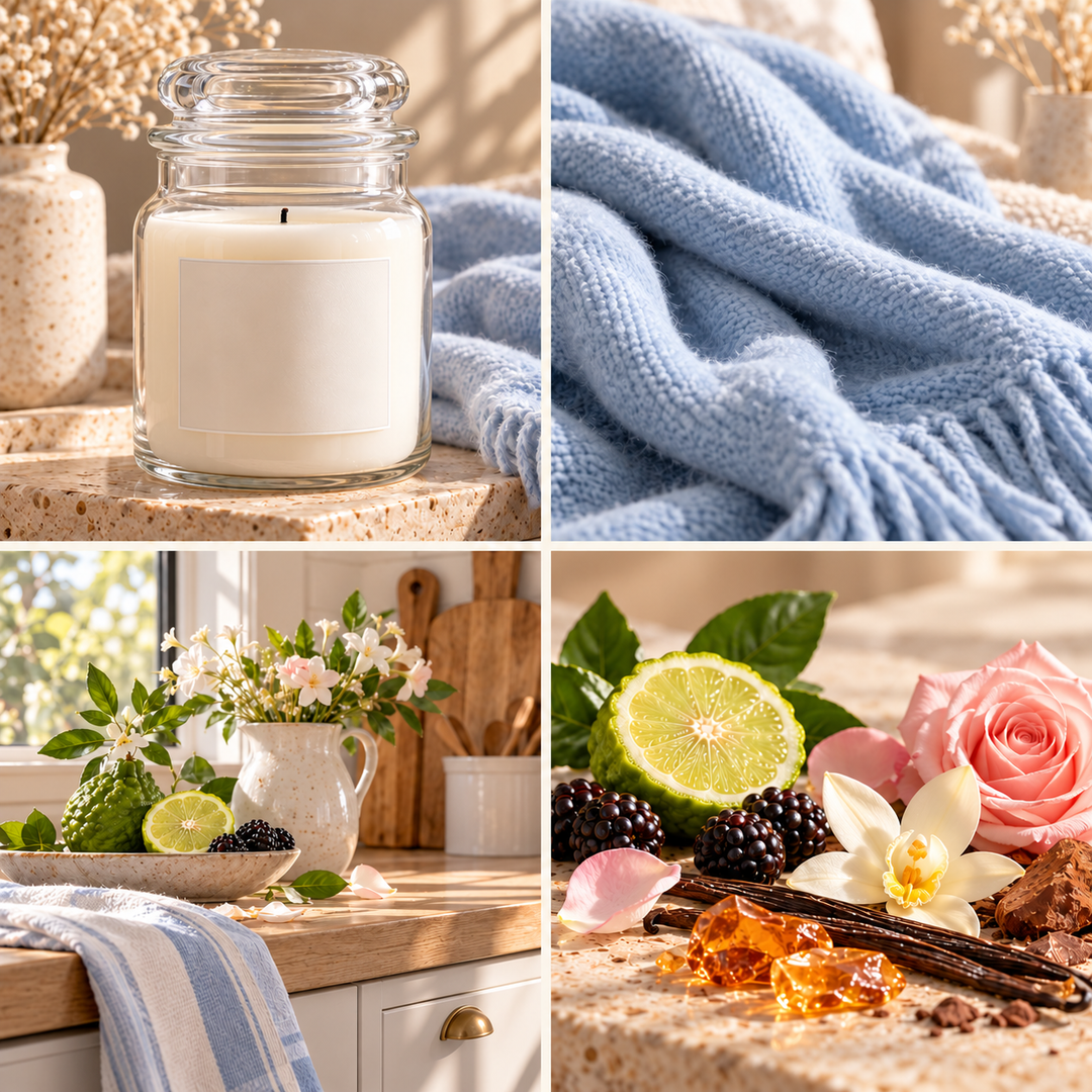 Soft Blanket wax melt mood board with an unlit candle jar, blue textiles, citrus and delicate flowers.