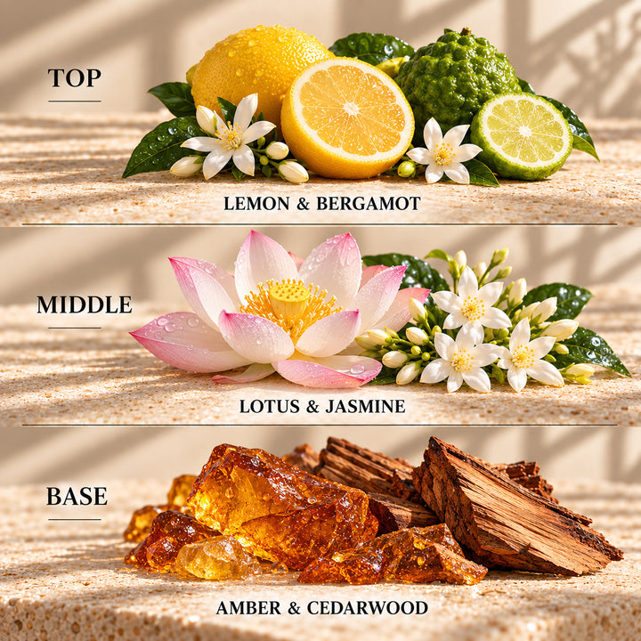 Top, middle and base scent notes for Sparkling Rain &amp; Lotus Flower laundry inspired wax melt by Smith &amp; Kennedy Scents