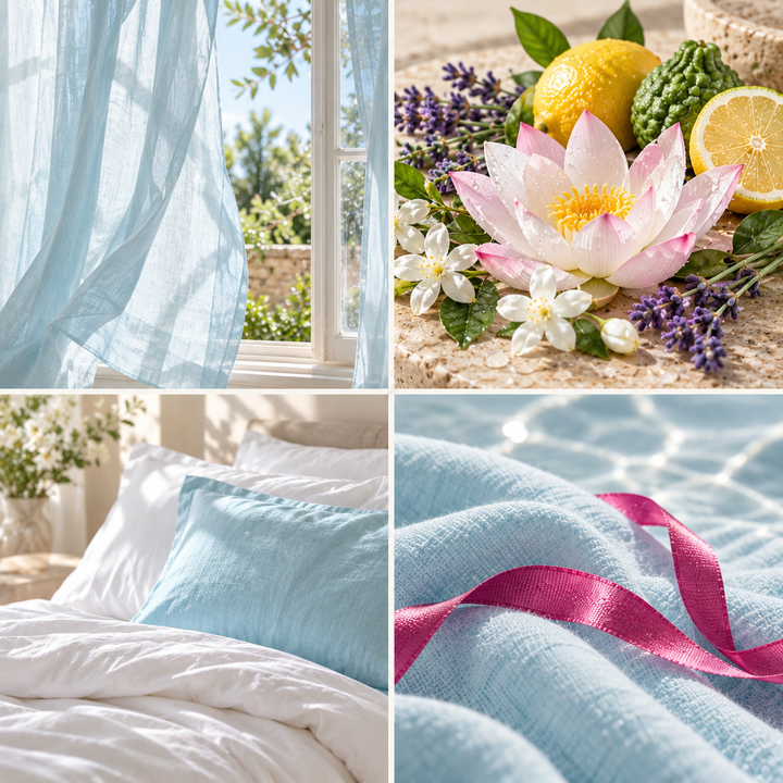 Sparkling Rain &amp; Lotus Flower wax melt mood board with pale blue curtains, lotus flowers, citrus and fresh linen.
