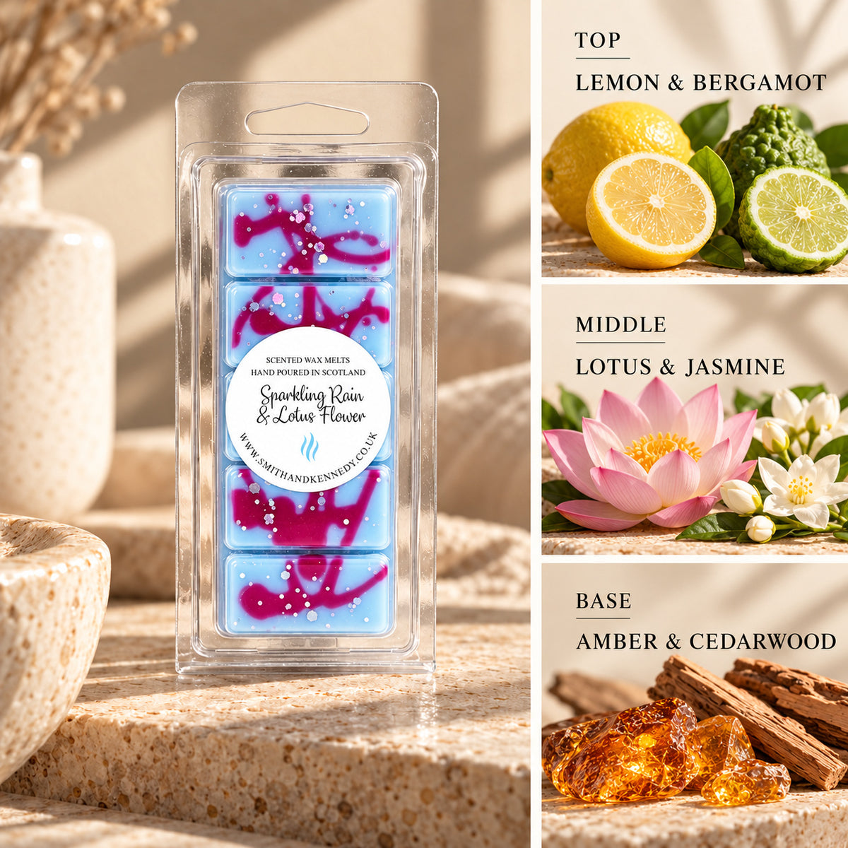 Sparkling Rain & Lotus Flower laundry inspired wax melt snap bar by Smith & Kennedy Scents