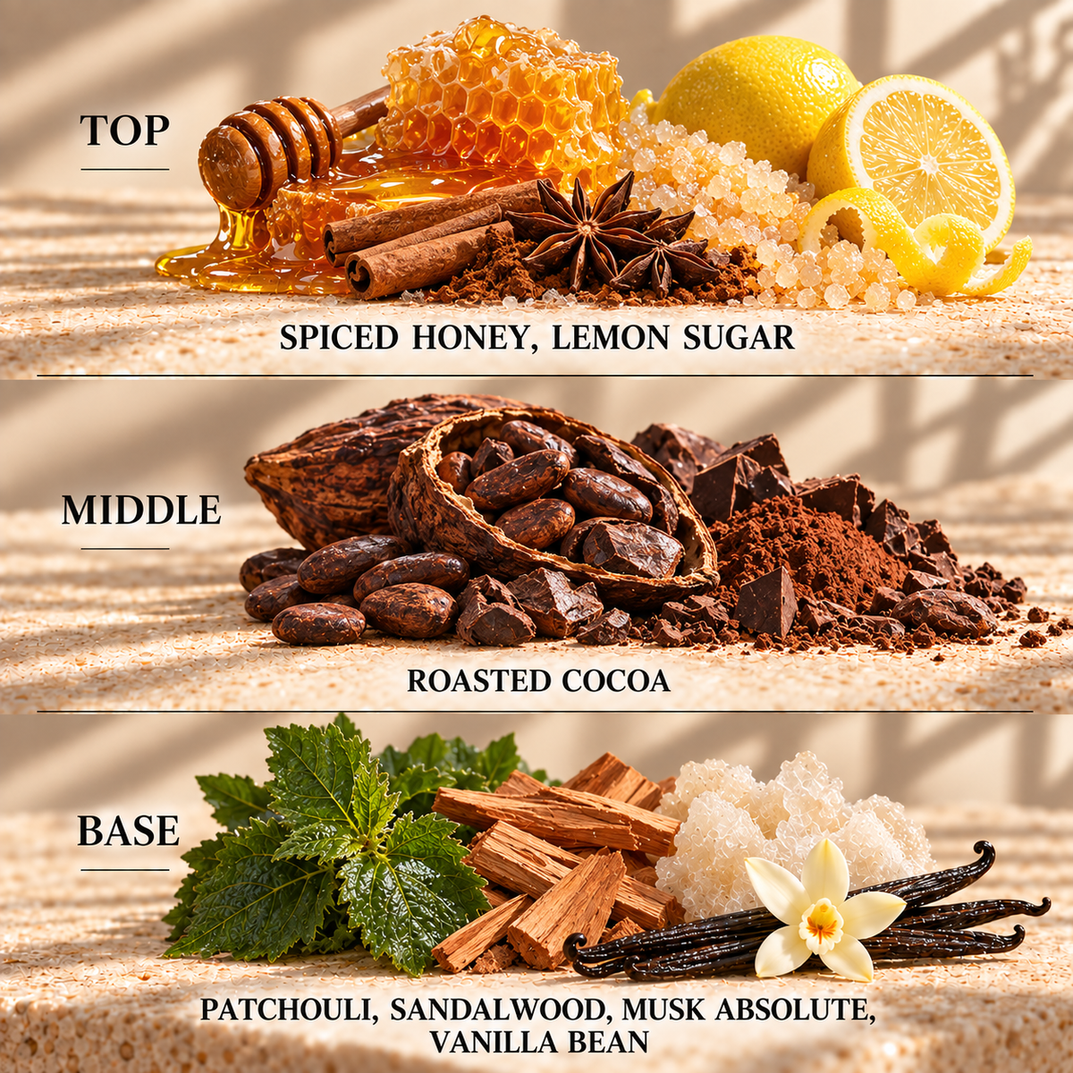Top, middle and base scent notes for Spiced Honey & Patchouli woody inspired wax melt by Smith & Kennedy Scents
