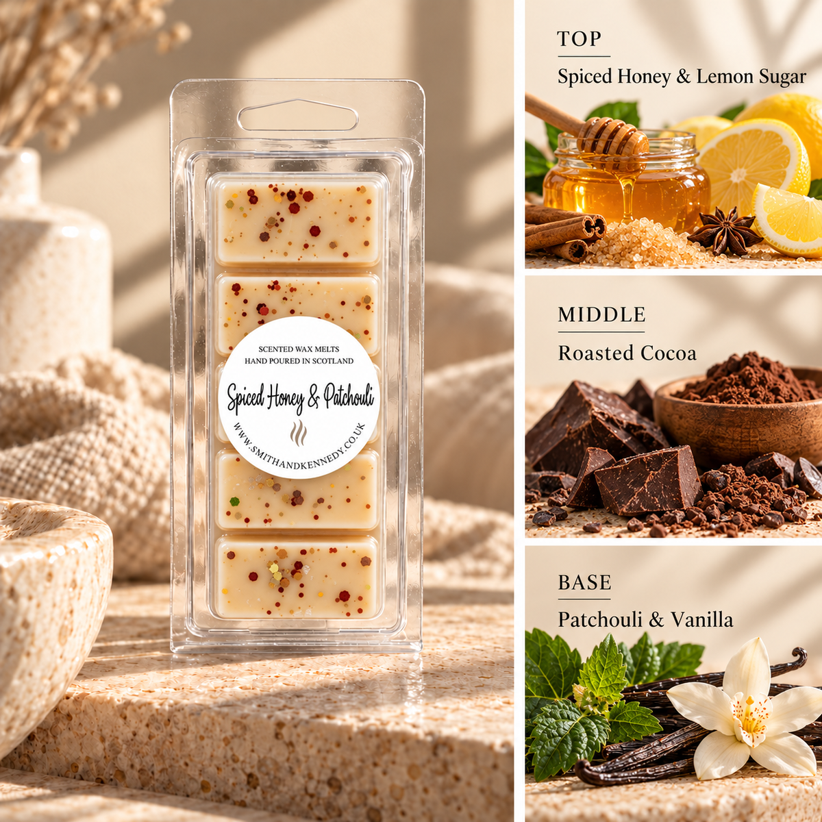 Spiced Honey & Patchouli woody inspired wax melt snap bar by Smith & Kennedy Scents