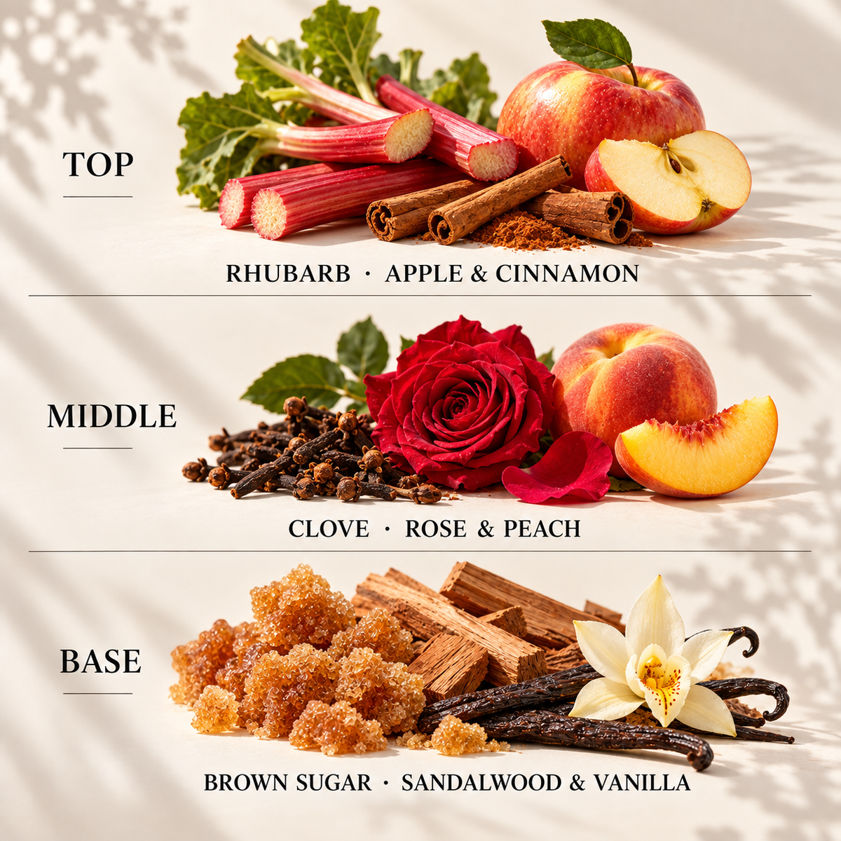 Top, middle and base scent notes for Spiced Rhubarb & Cinnamon autumn inspired wax melt by Smith & Kennedy Scents