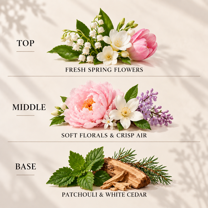 Spring Awakening reed diffuser refill top, middle and base fragrance notes