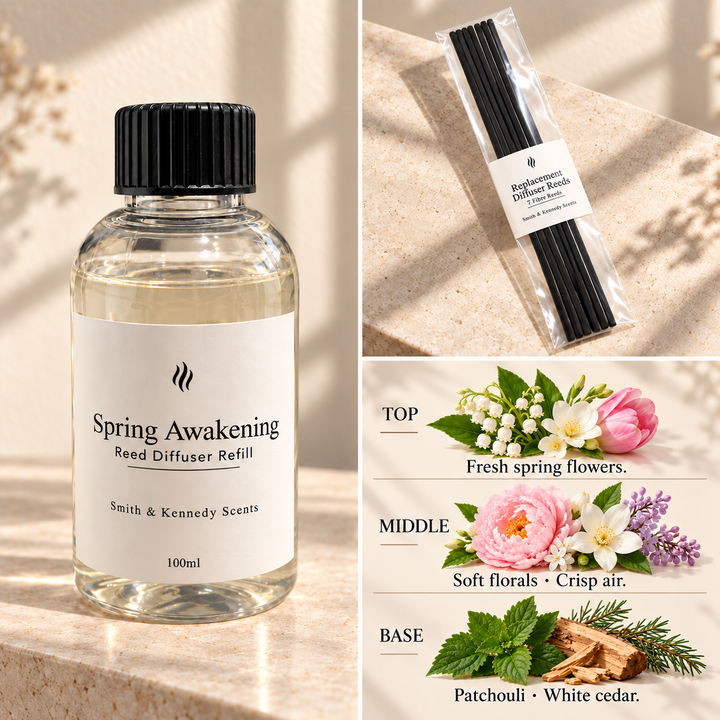 Spring Awakening 100ml reed diffuser refill bottle, included pack of 7 fibre reeds and fragrance notes