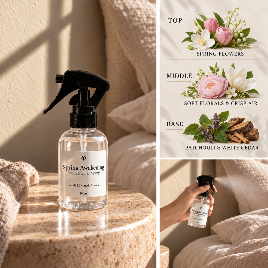 Spring Awakening Room &amp; Linen Spray with spring flowers, soft florals, patchouli and white cedar notes