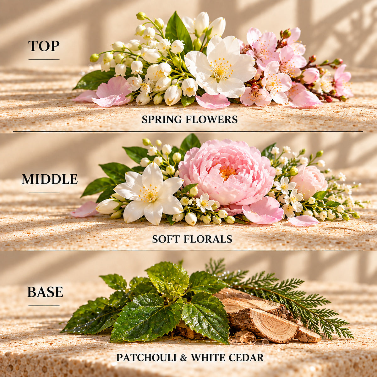 Top, middle and base scent notes for Spring Awakening laundry inspired wax melt by Smith & Kennedy Scents