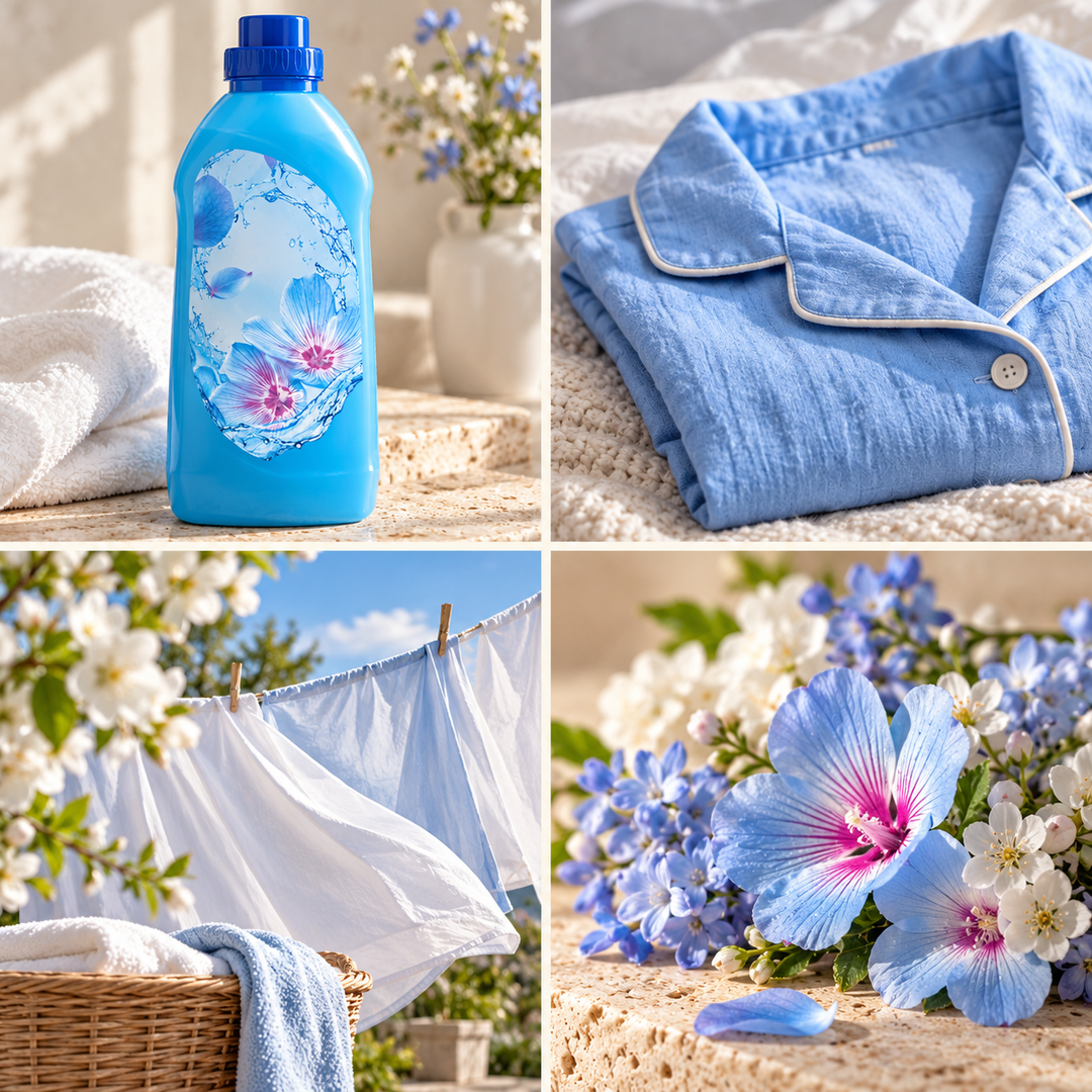 Spring Awakening wax melt mood board with a blue fabric conditioner bottle, fresh laundry and spring flowers.