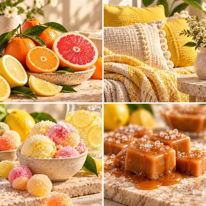 Starburst wax melt mood board with bright citrus, yellow cushions, sherbet and caramel sweets.