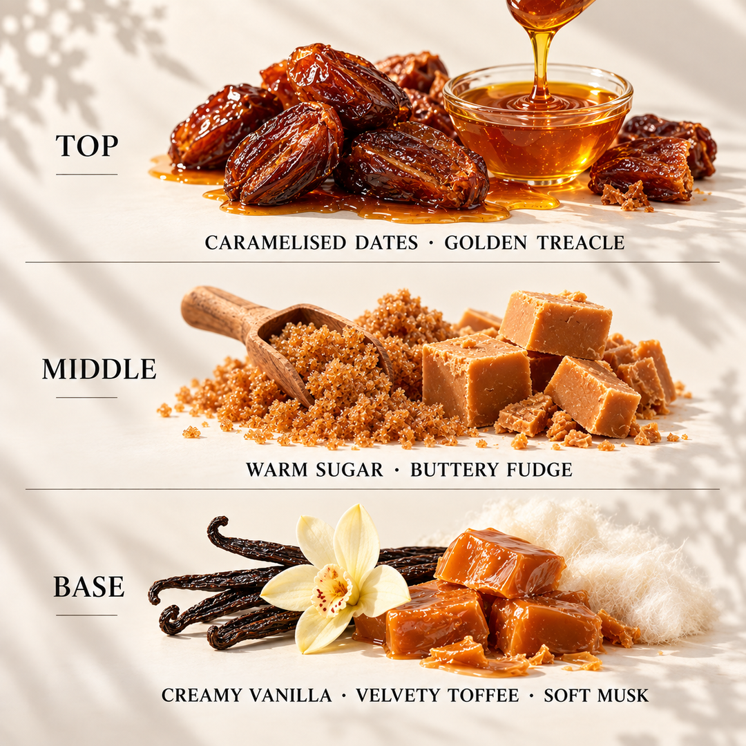 Top, middle and base scent notes for Sticky Dates autumn inspired wax melt by Smith &amp; Kennedy Scents