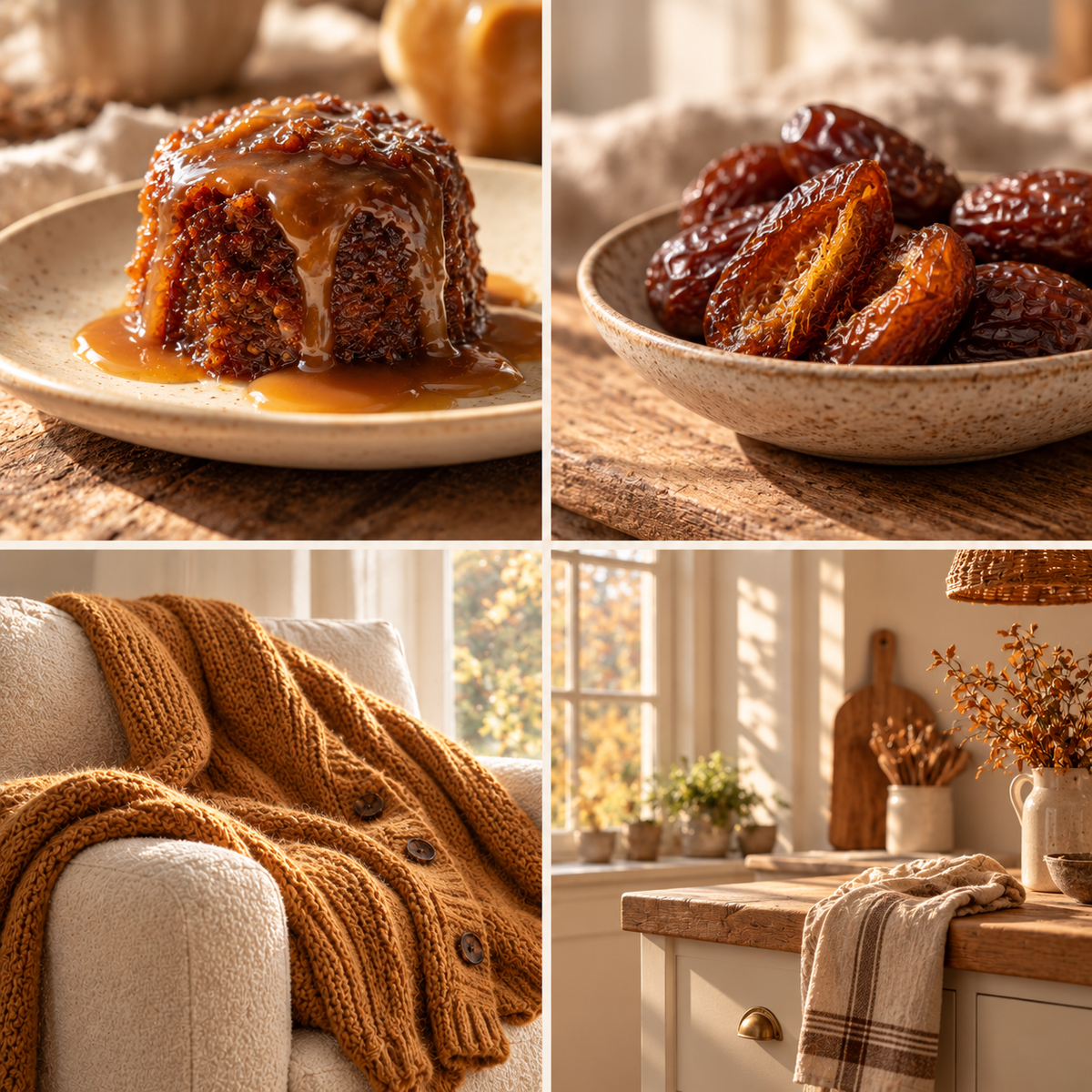 Four-panel mood board for Sticky Dates wax melts: sticky date pudding, dates, a golden cardigan and a warm kitchen.