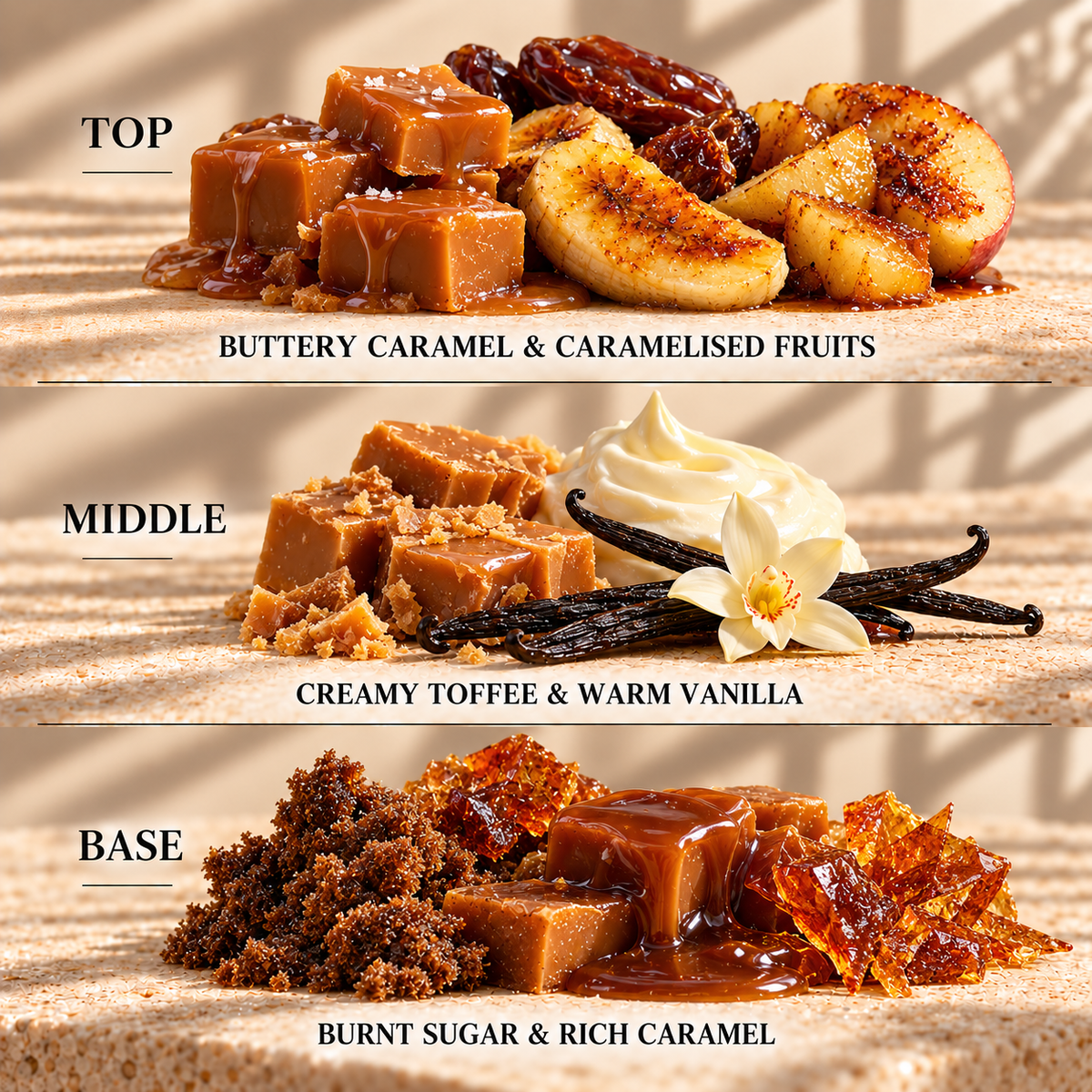 Top, middle and base scent notes for Sticky Toffee Pudding bakery inspired wax melt by Smith & Kennedy Scents