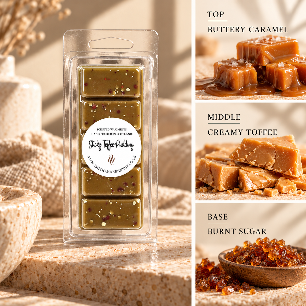Sticky Toffee Pudding bakery inspired wax melt snap bar by Smith & Kennedy Scents