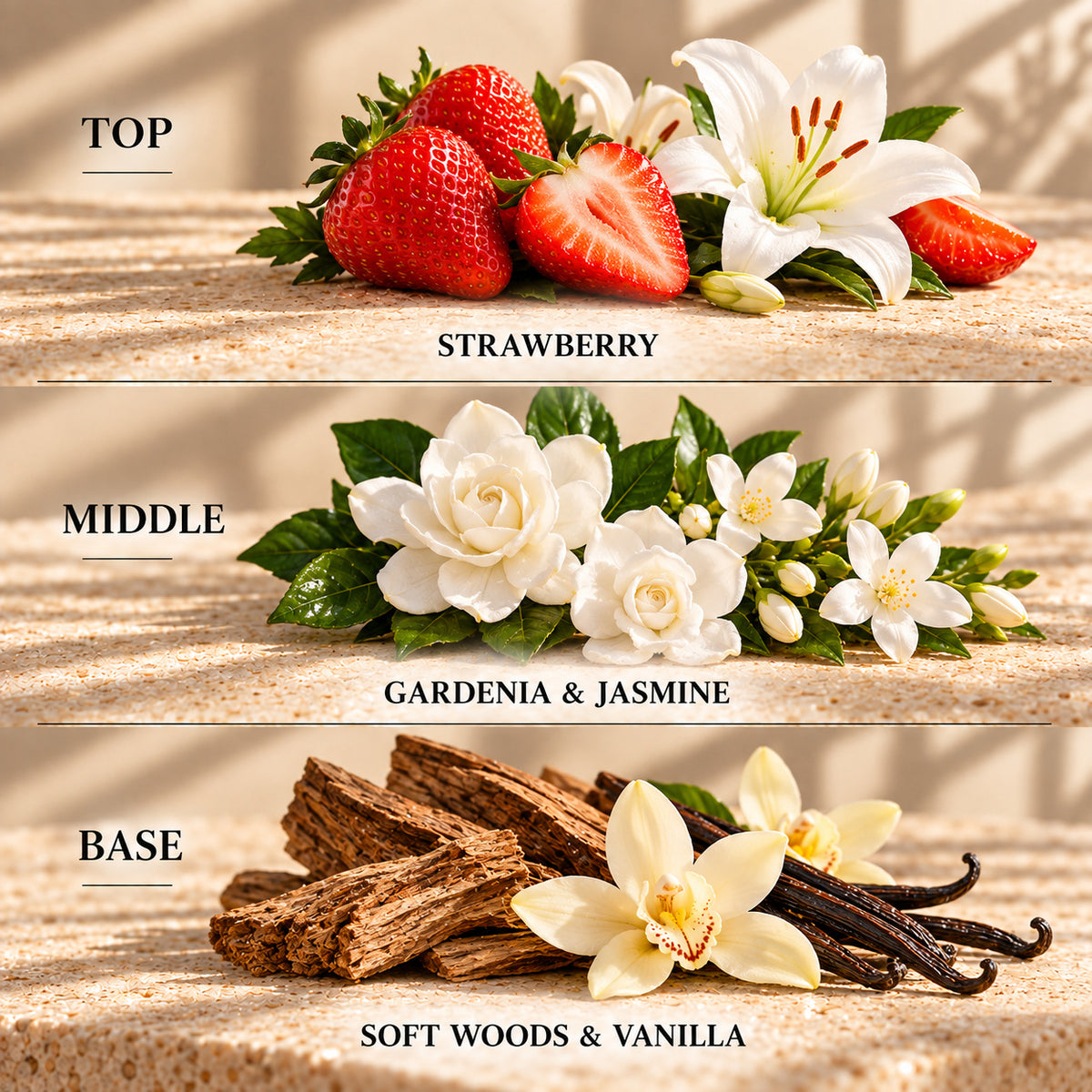 Top, middle and base scent notes for Strawberry & Lilly laundry inspired wax melt by Smith & Kennedy Scents