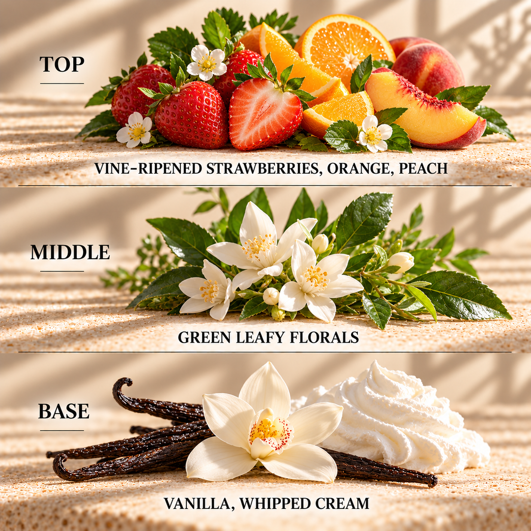 Top, middle and base scent notes for Strawberry Milkshake sweet scented wax melt by Smith &amp; Kennedy Scents
