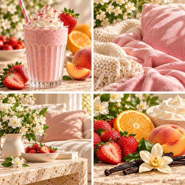 Strawberry Milkshake wax melt mood board with a strawberry milkshake, pink textiles, fresh fruit and vanilla.