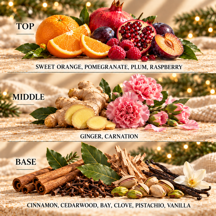 Sugar Plum Fairy fragrance notes: top Sweet Orange, Pomegranate, Plum, Raspberry; middle Ginger, Carnation; base Cinnamon, Cedarwood, Bay, Clove, Pistachio, Vanilla