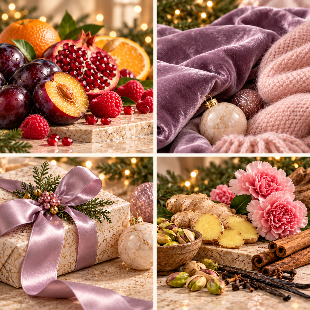 Sugar Plum Fairy Christmas wax melt mood board with plums, pomegranate, lilac and pink textiles and festive ribbon.