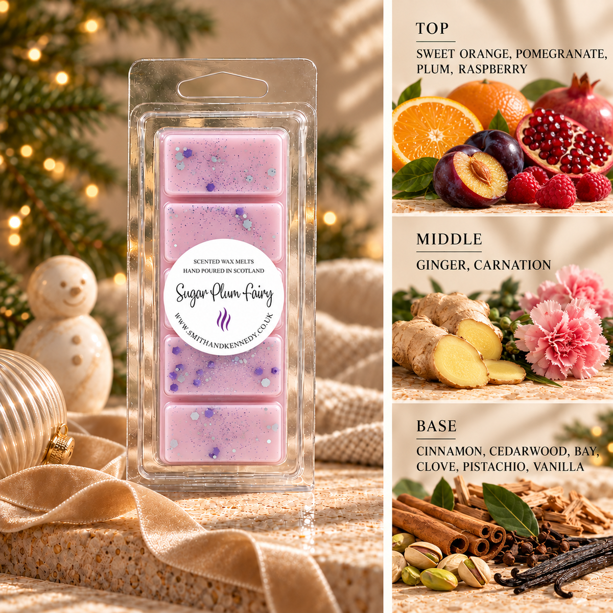 Sugar Plum Fairy Christmas wax melt snap bar by Smith & Kennedy Scents with festive styling and fragrance notes