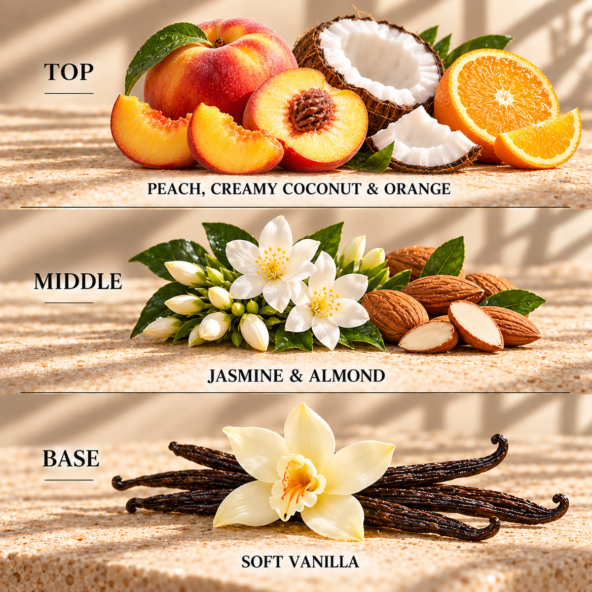 Top, middle and base scent notes for Sweet Peach fruity inspired wax melt by Smith & Kennedy Scents